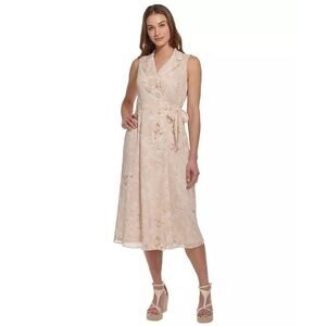 NEW DKNY Chiffon Vneck Faux Wrap Dress Brown V-neck Collared Midi‎